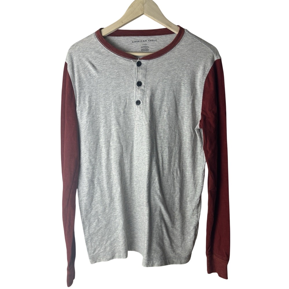 American Eagle Henley Long Sleeve Tshirt Men S Gray Red Y2K Colorblock Baseball